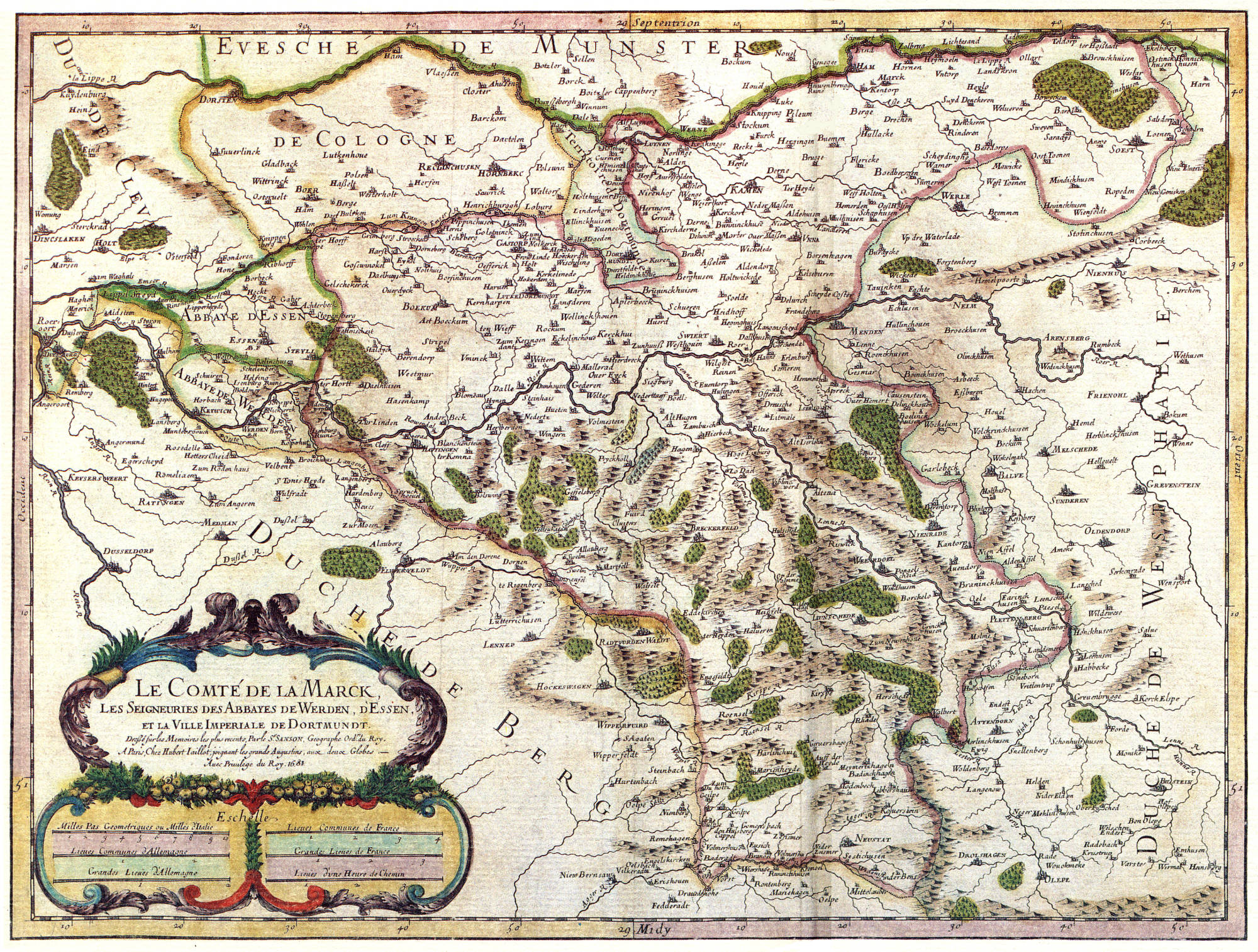 Karte des heutigen Ruhrgebietes von 1681. Von Nicolas Sanson. Gemeinfrei. Quelle: Wikipedia